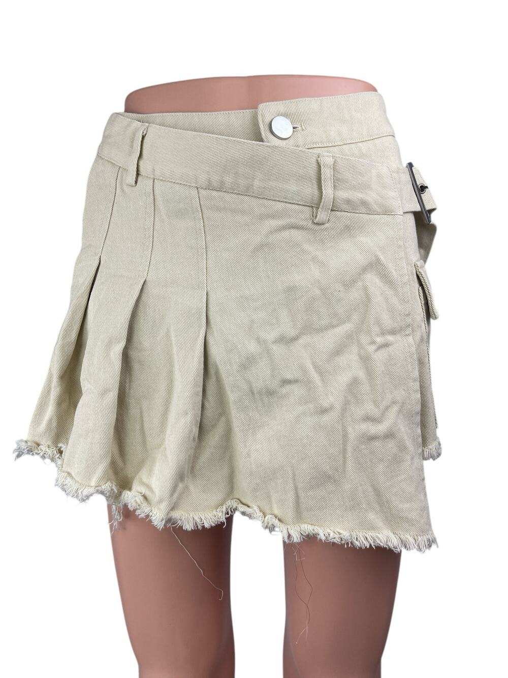 Cider Women's Beige Cream Buckle Strap Pleated Frayed Mini A-Line Denim Skirt S